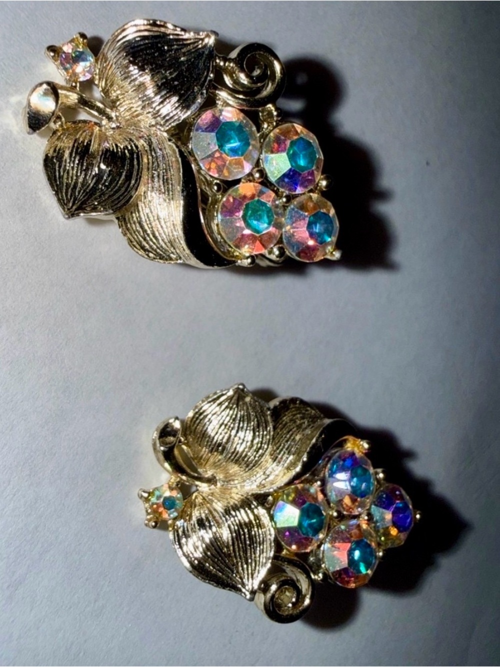 Stunning Vintage Floral Clip Earrings with Aurora Borealis Crystals Gold #80